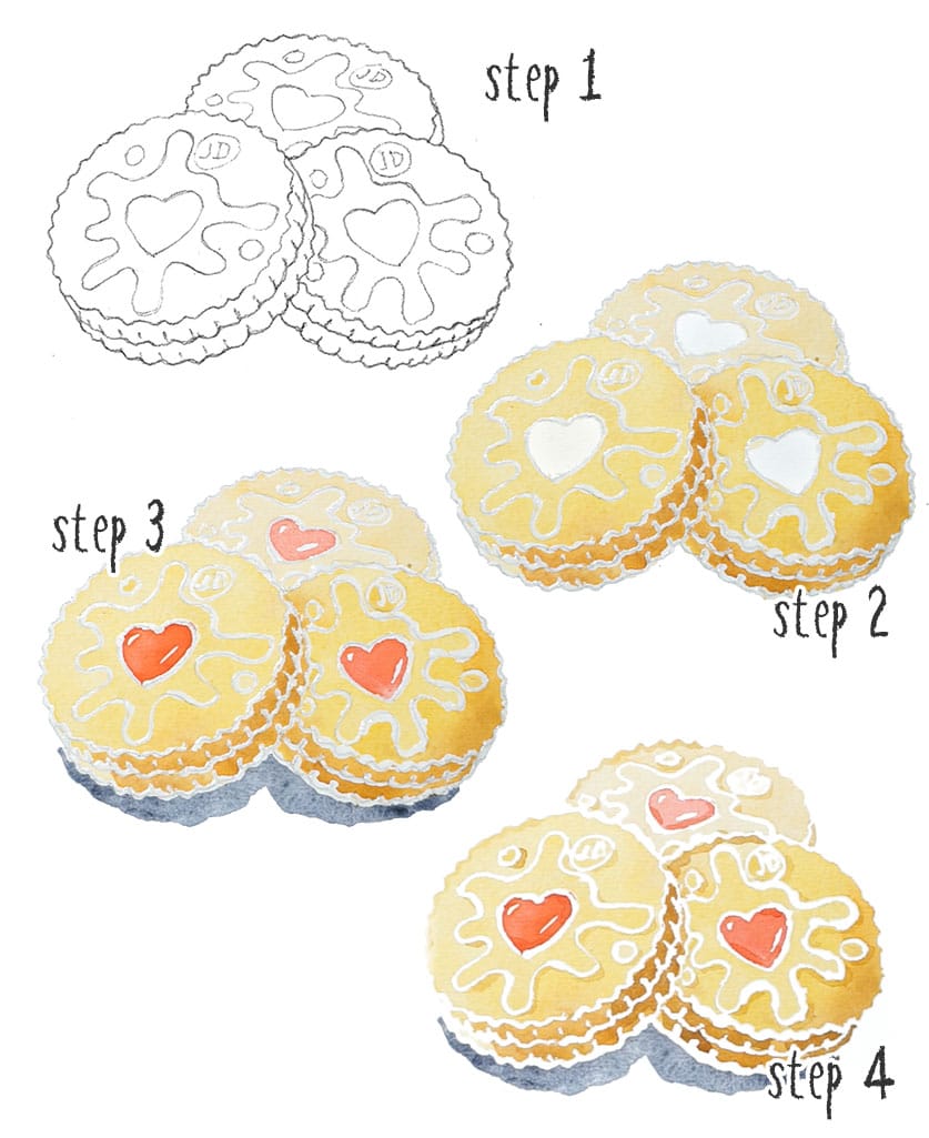 the 4 steps of the watercolor valentines painting