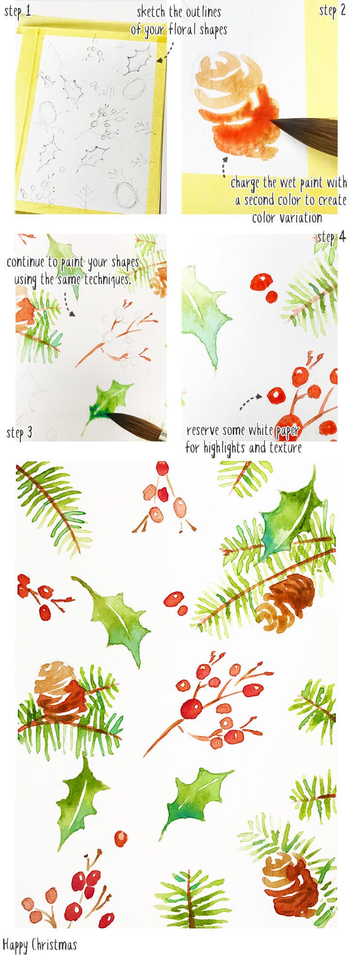 floral-watercolor-christmas-card-patterns painting a floral watercolor christmas card pattern