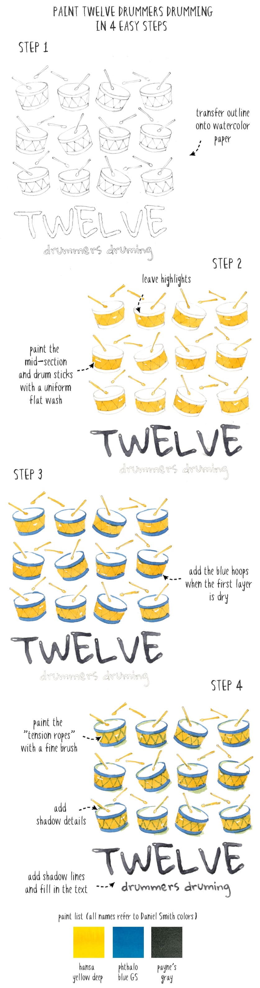 twelve drummers drumming 4 step painting process