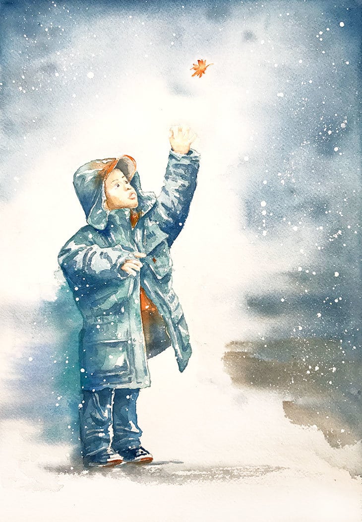winter-watercolor-scene-boy-in-the-snow winter watercolor scene boy in the snow